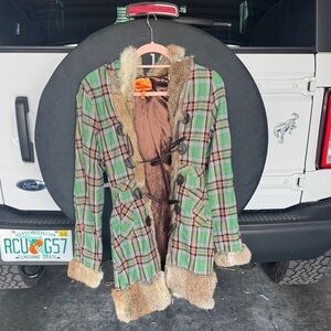 Twill Twenty Two Green Plaid Fur-Trimmed Coat